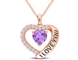 1.65 Carat (ctw) Amethyst & White Topaz - I Love You - Heart Pendant Necklace in Rose Plated Sterling Silver with Chain